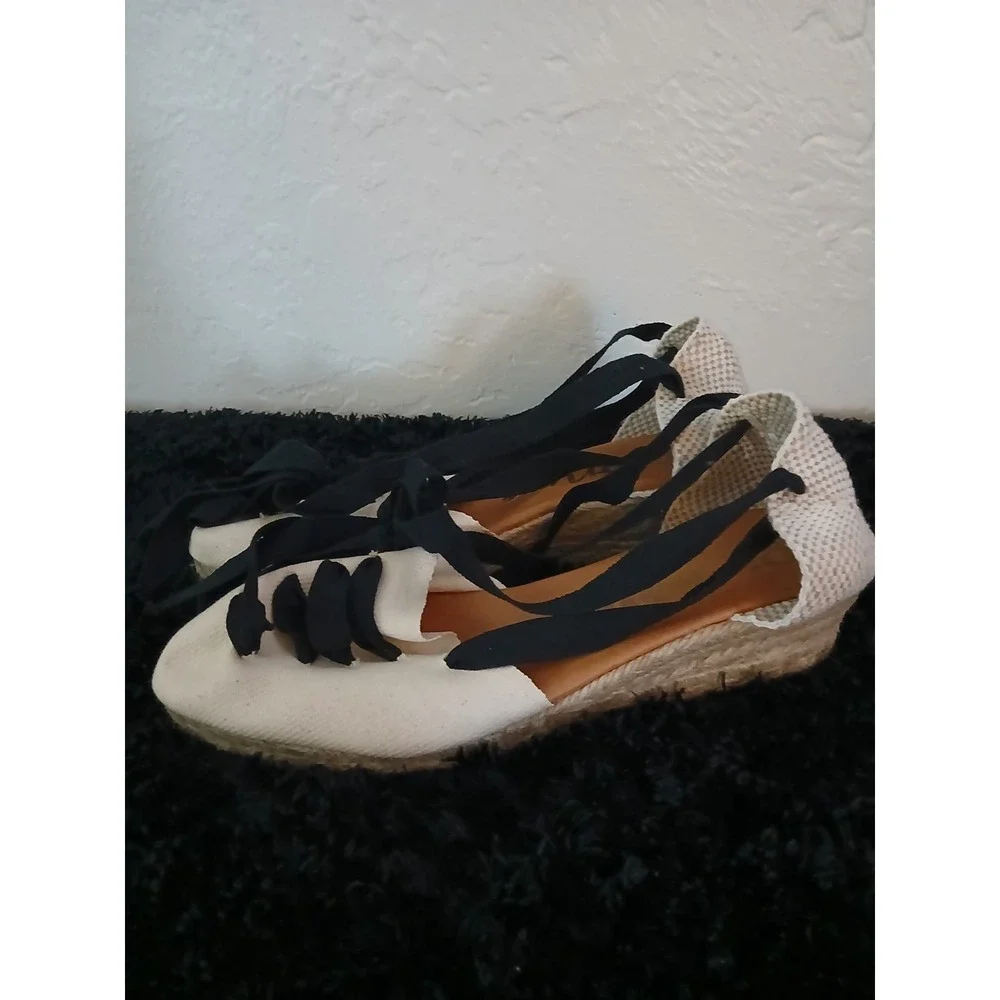 Picon Anthropologie Canvas Wedge Espadrille Sandals Ankle Ties Sz 41 Beachy